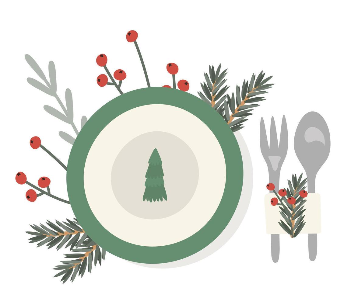 Plate and cutlery with Christmas decoration, festive table setting, top view. illustration for a New Year's card, banner, menu, flyer vector