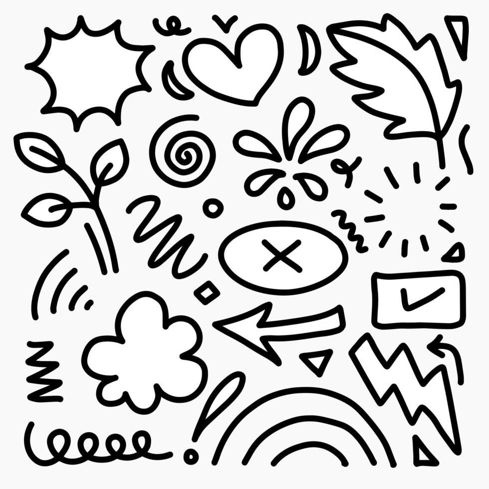 hand drawn doodle kids. Various icons such as hearts, stars, speech bubbles, arrows, leaves, flower vector