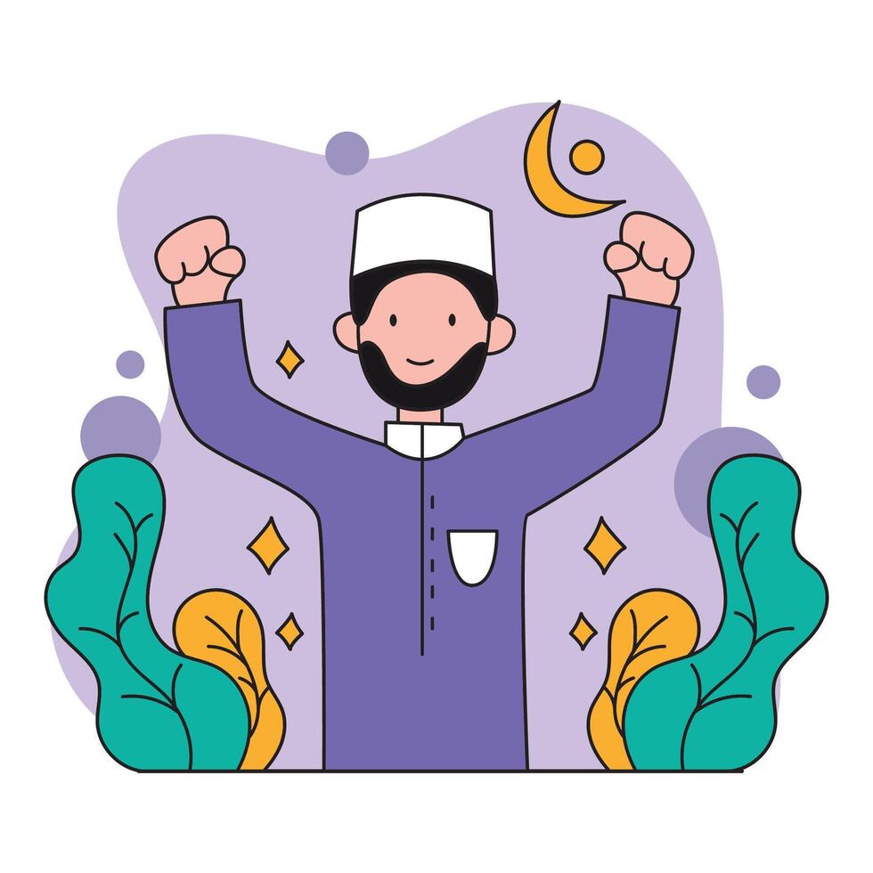 muslim man with crescent moon and hands up illustration design. flat design vector