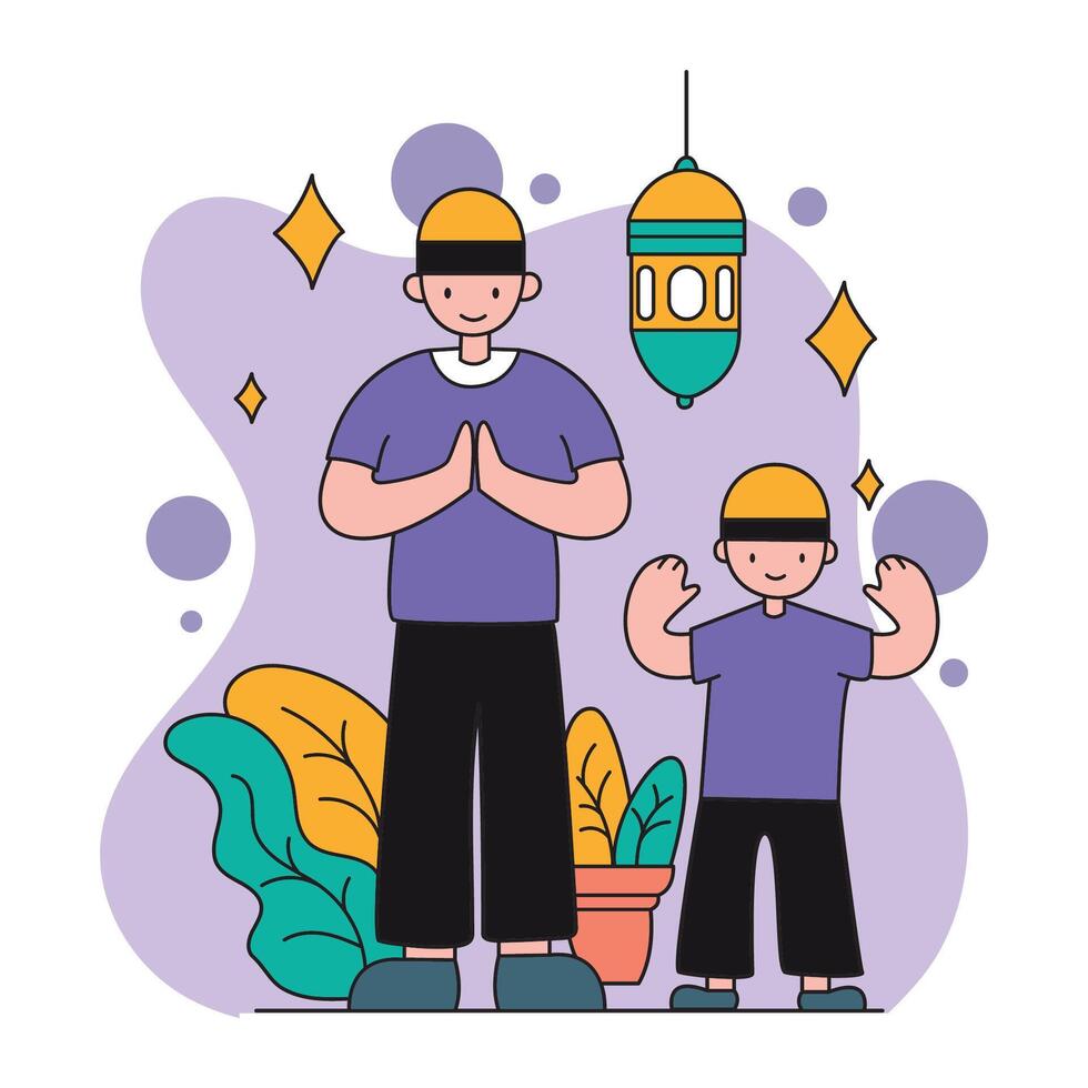 man and boy with lantern ramadan kareem illustration design vector