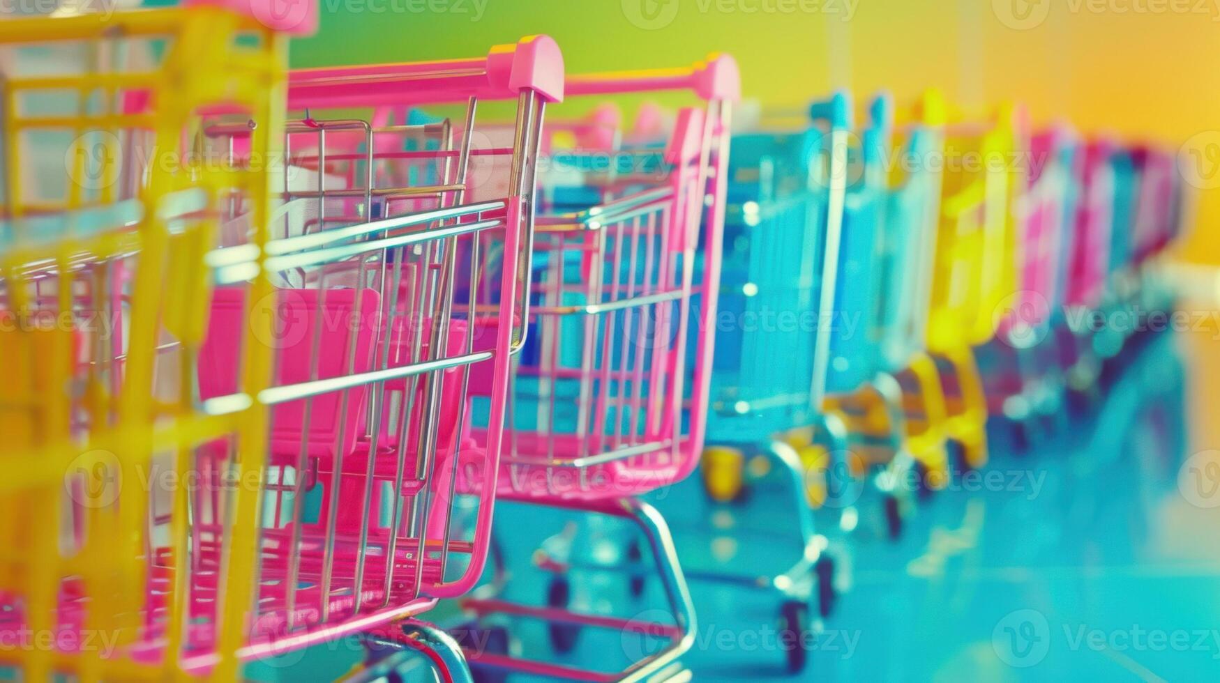 Vibrant shopping carts in bright pink, yellow, and blue lined up against a colorful background photo