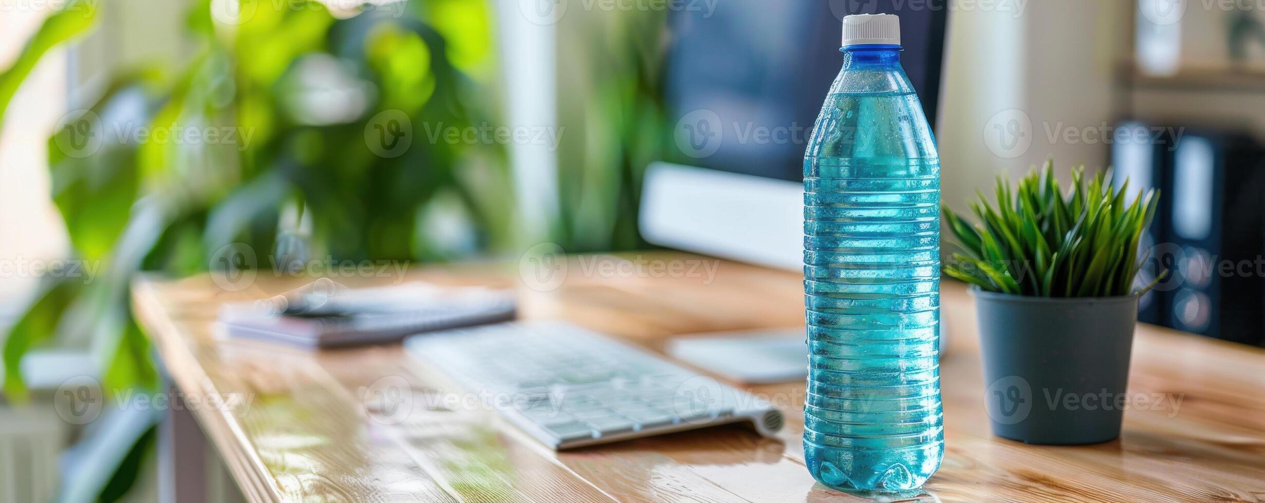 workstation featuring a water bottle, keyboard, and potted plant on desk photo