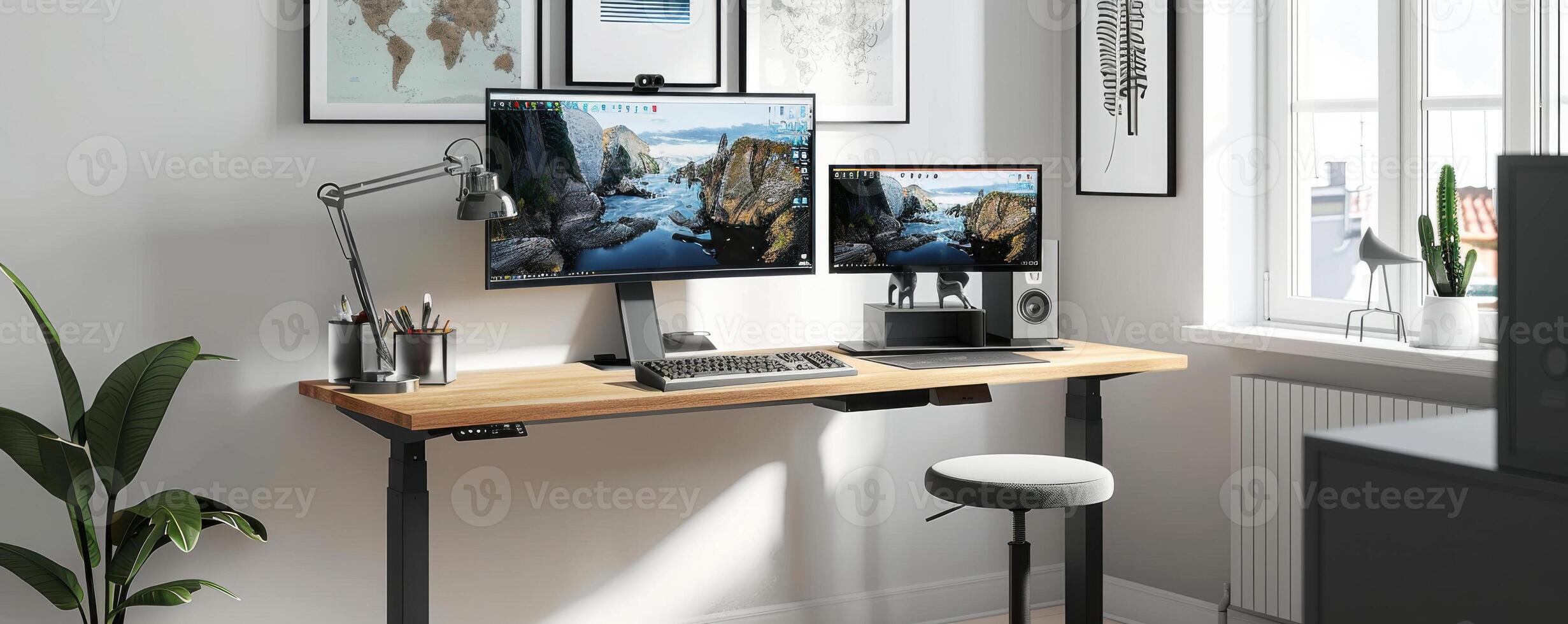 modern standing desk setup with dual monitors, an ergonomic stool, and minimalist decor in a bright workspace photo