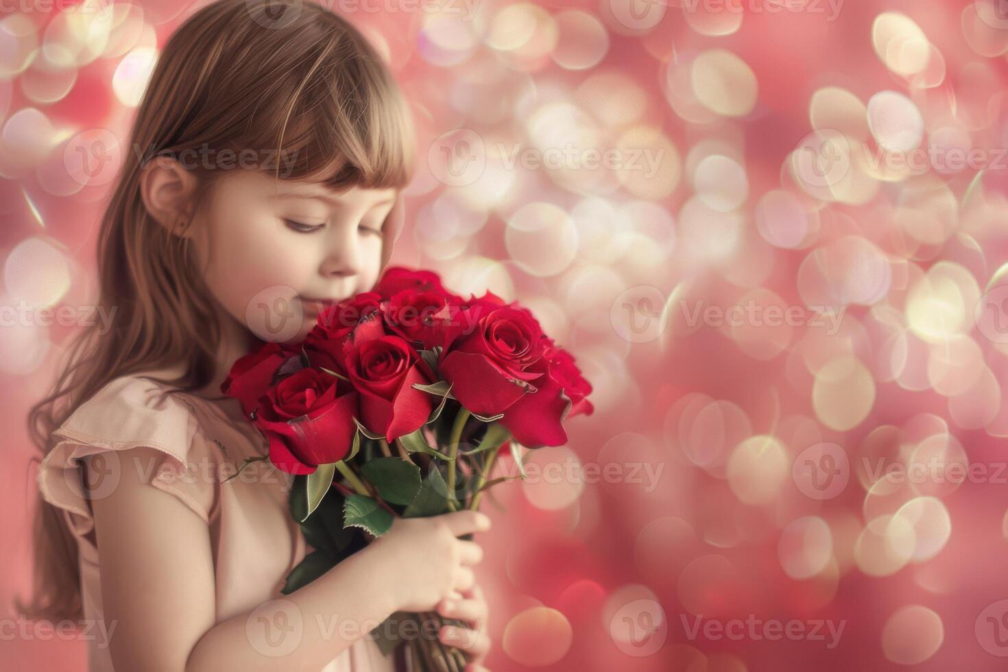 little girl holding a bouquet of red roses by dreamy pink bokeh background photo