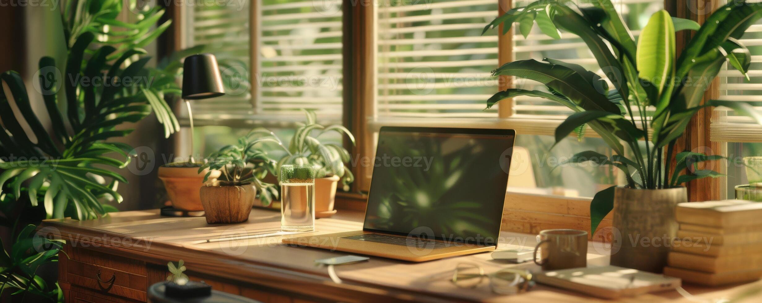 workspace with laptop, plants, and sunlight streaming through large windows photo