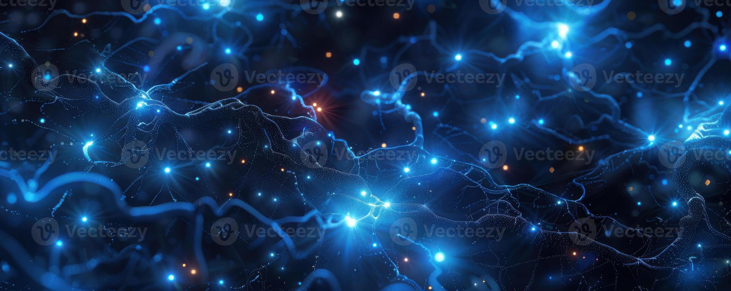 Blue network of interconnected glowing nodes over a dark background photo