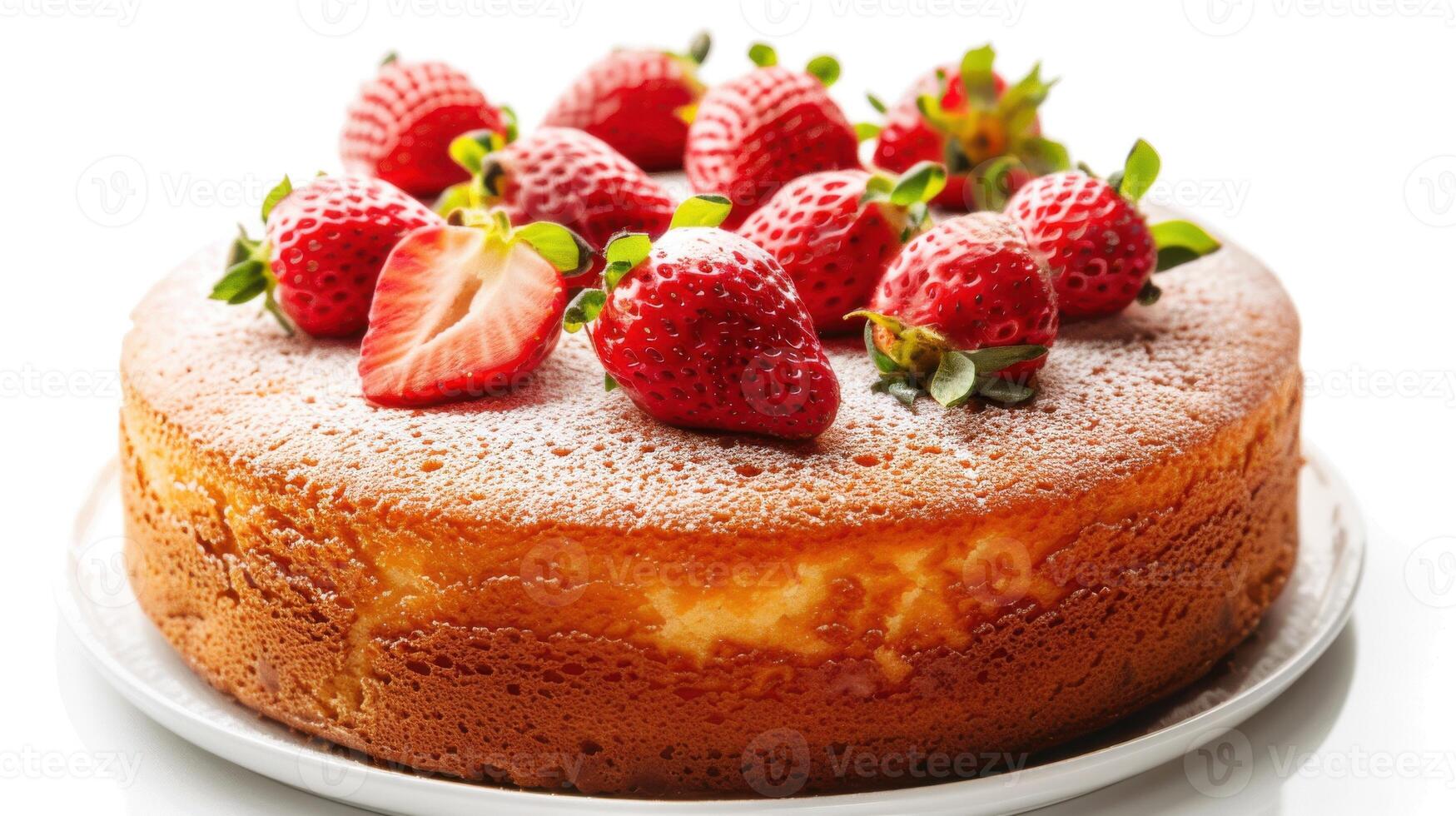 Golden sponge cake topped with whole strawberries, dusted with powdered sugar on white photo