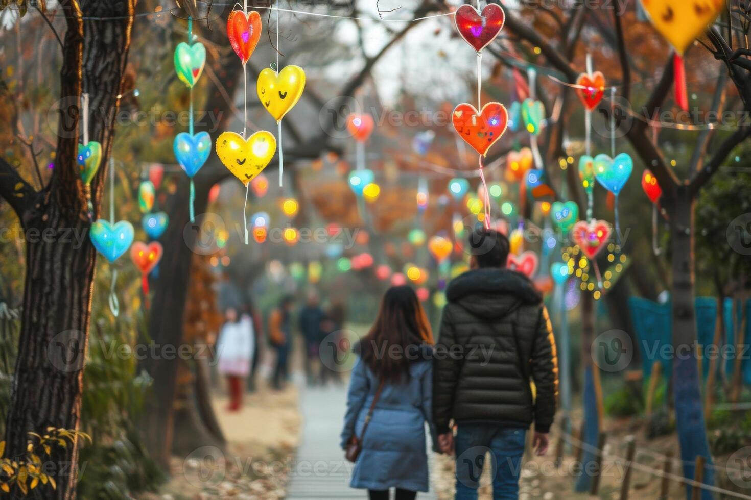 couple walking under trees decorated with heart-shaped lanterns in a park photo