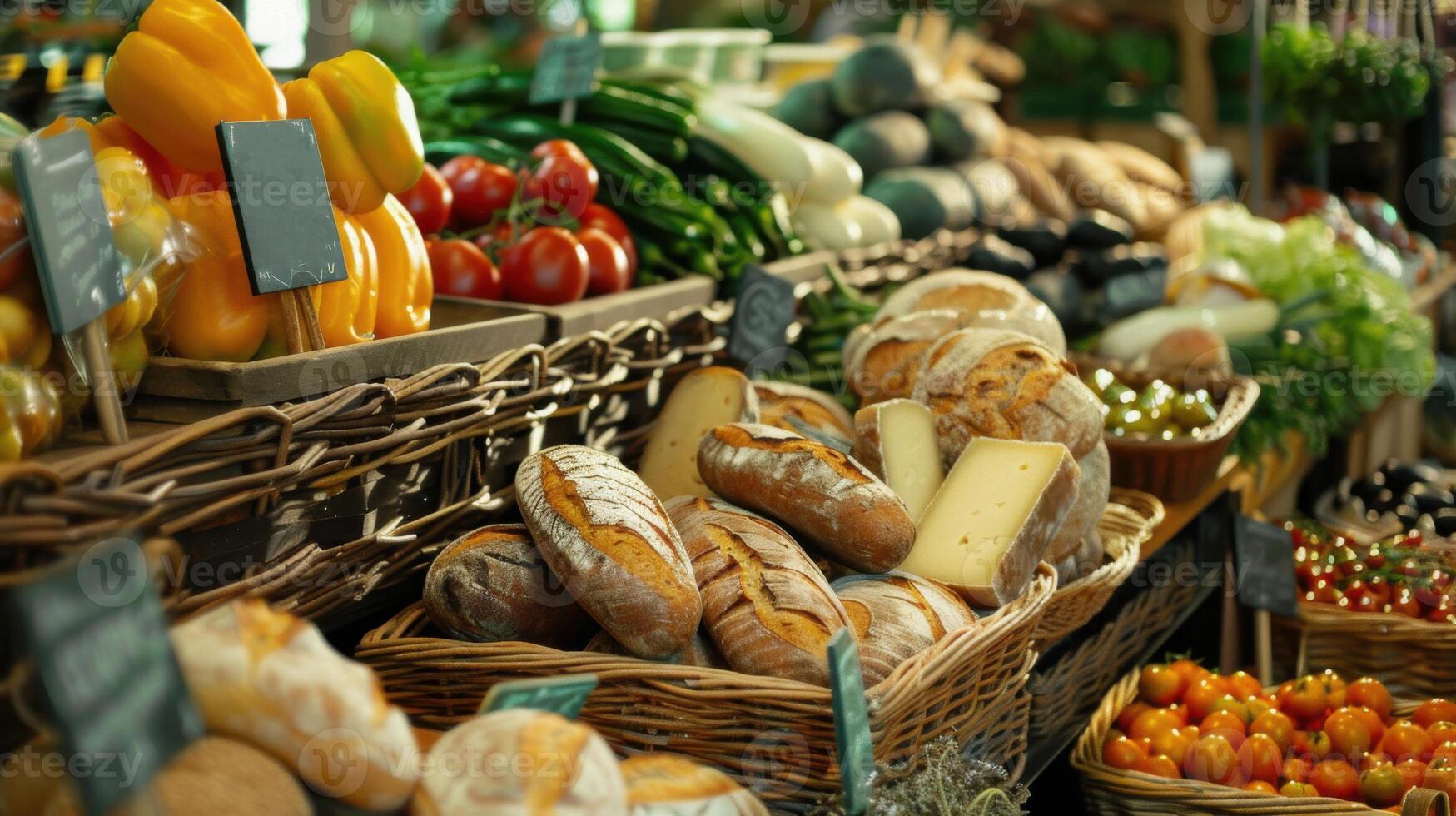 market with fresh bread, cheese and vegetables in wicker baskets photo
