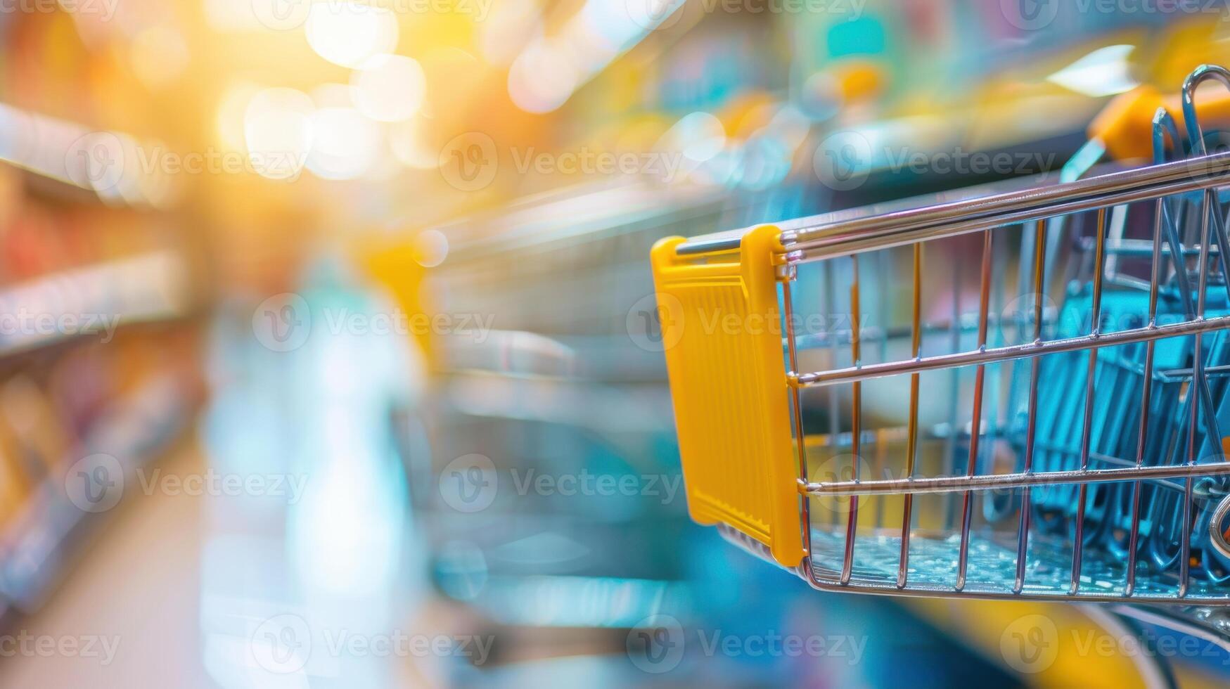 bright shopping aisle with a close-up view of a yellow-handled cart photo