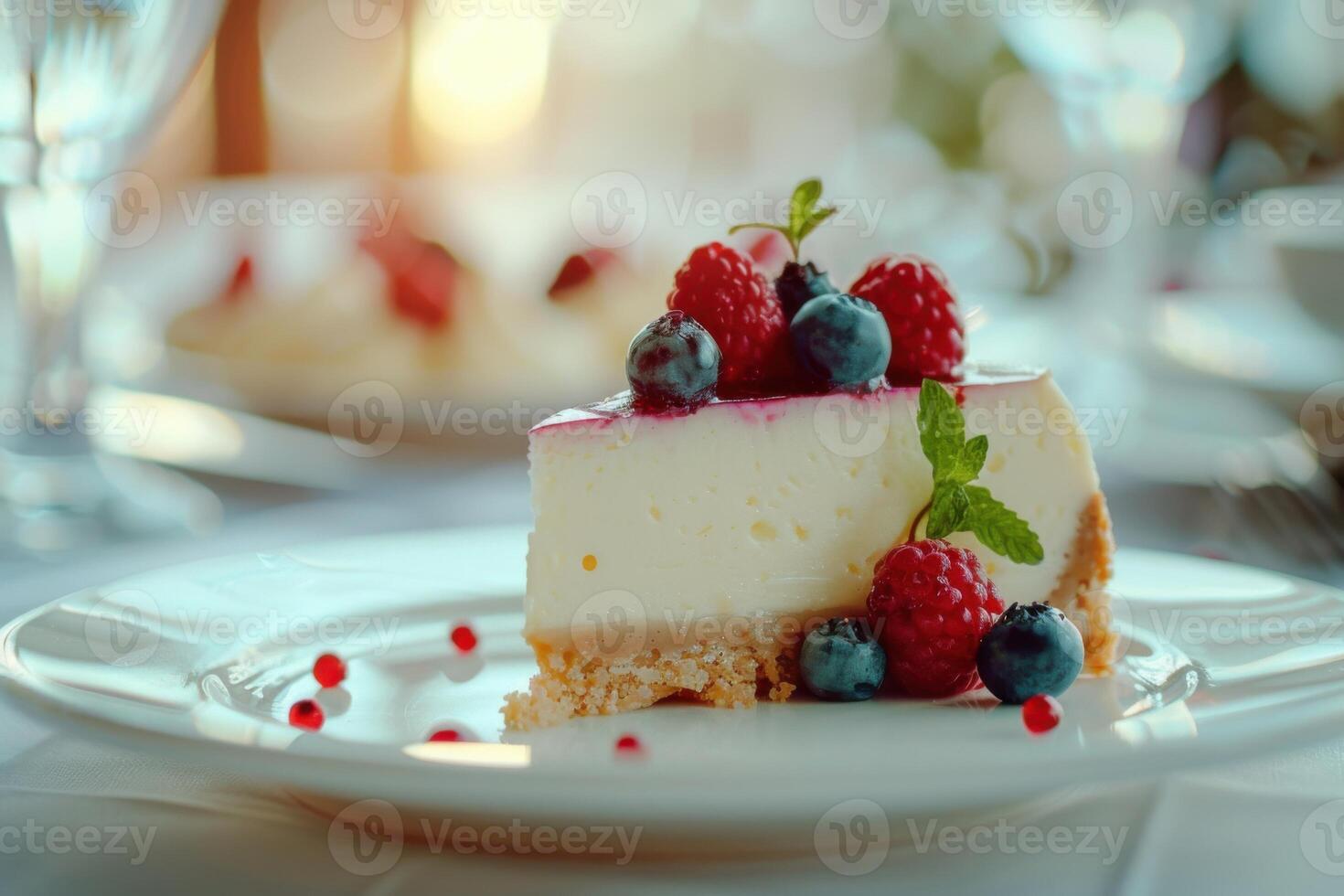 cheesecake slice garnished with fresh berries and mint, elegantly plated with soft lighting photo