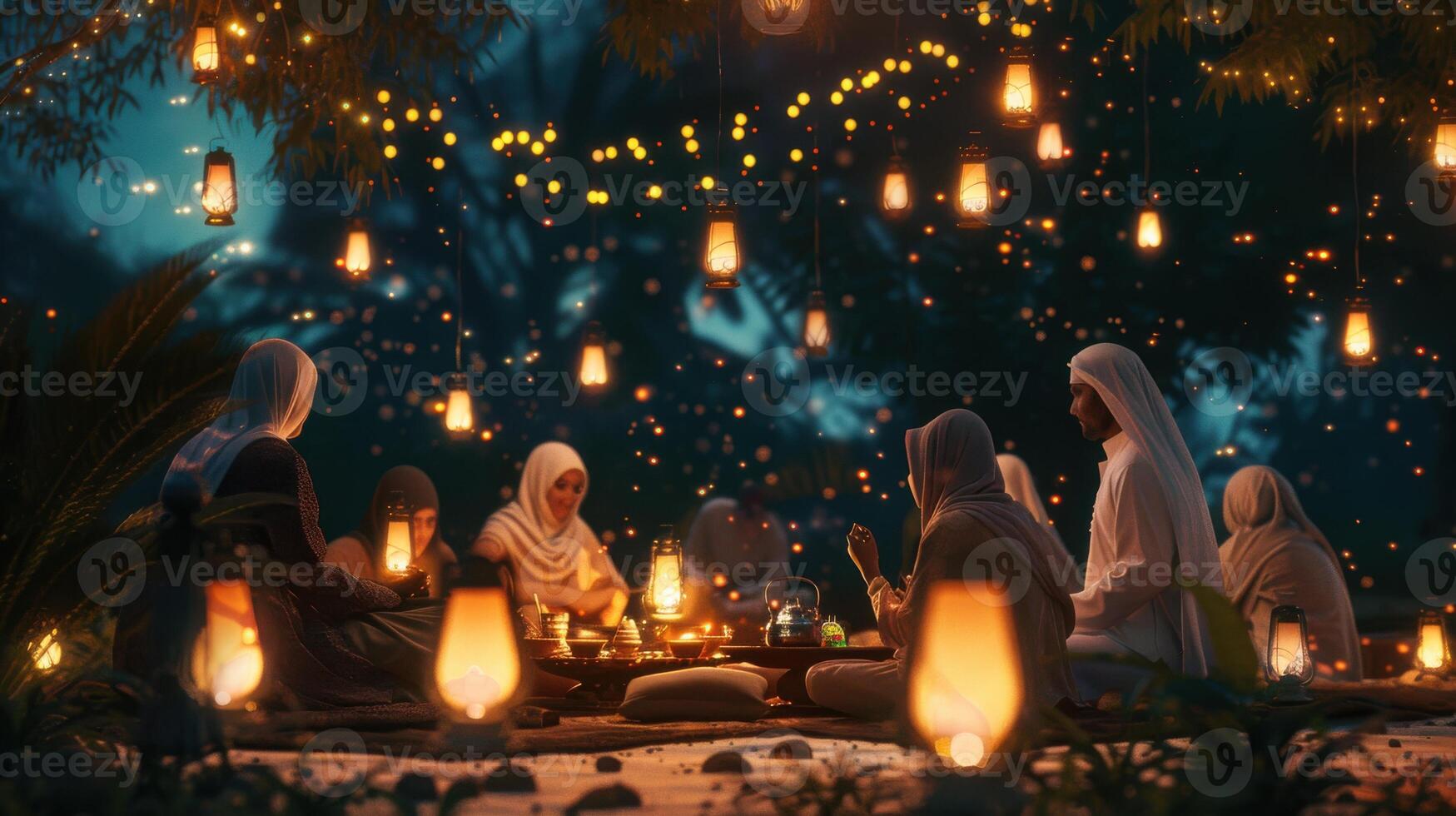 friends celebrating Ramadan outdoors with lanterns and glowing lights in a serene setting photo