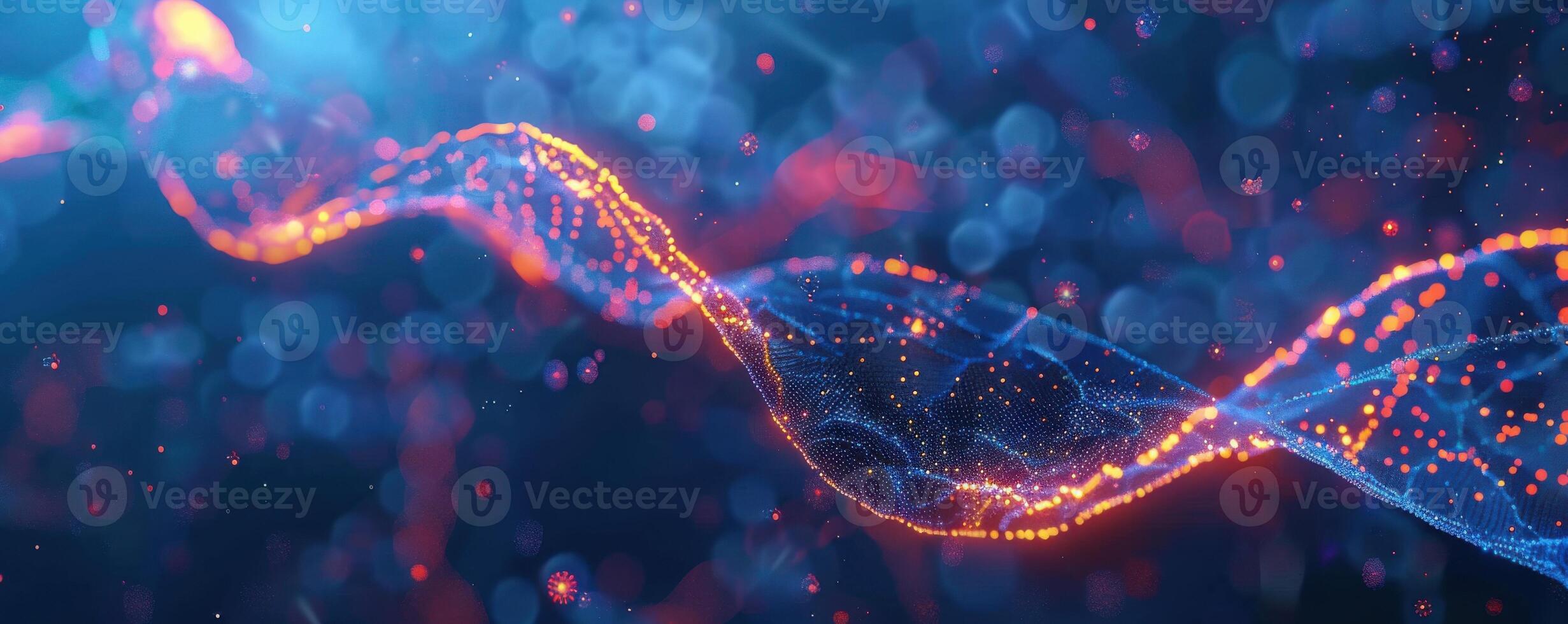 glowing DNA strand with vibrant orange and blue lights on a blurred, dark background photo