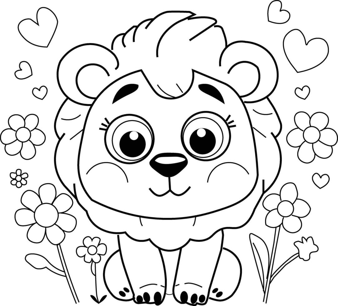 Cute Lion Coloring Page for Kids Adorable Cartoon Animal Line Art vector