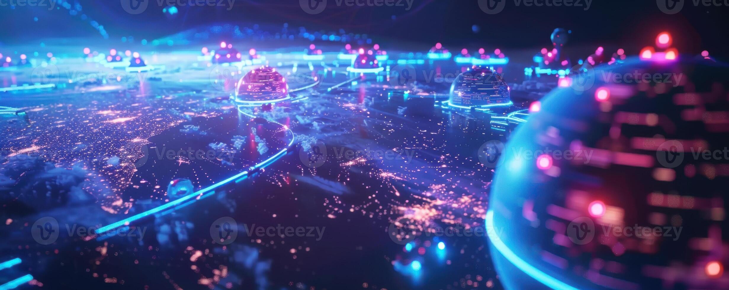 Illuminated futuristic global network with glowing connections over a dark landscape photo