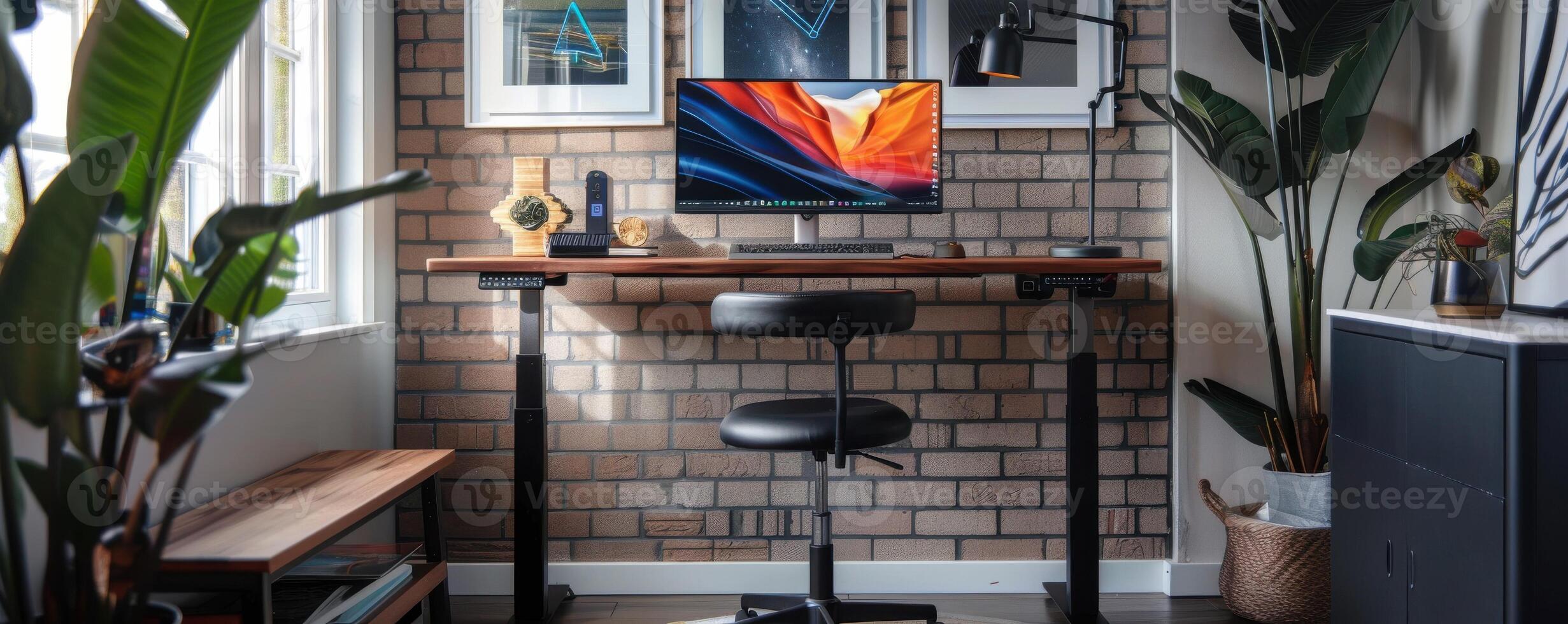 home office with a modern standing desk, ergonomic stool, brick accent wall, and lush green plants photo