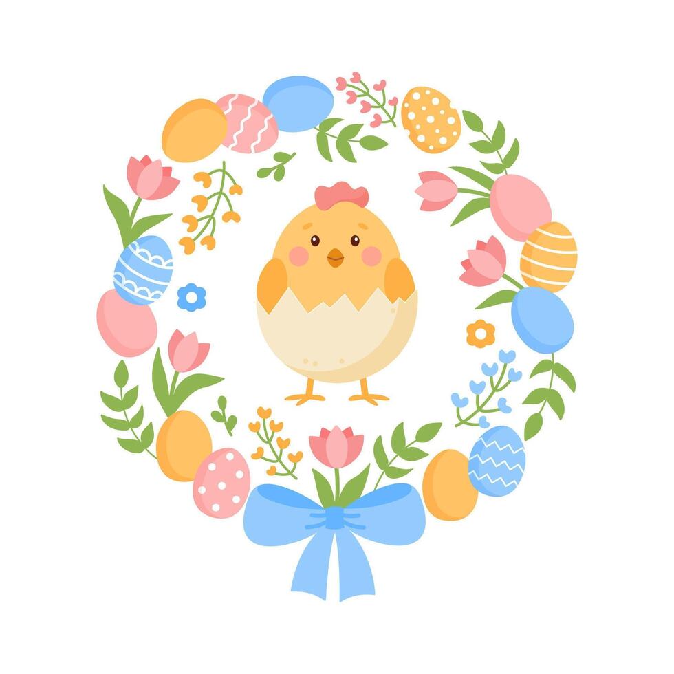 Floral decorative Easter wreath with Easter chick inside. vector
