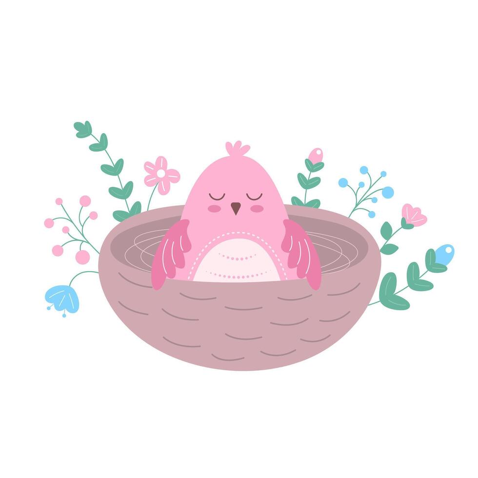Pink newborn chick sitting in a nest. vector