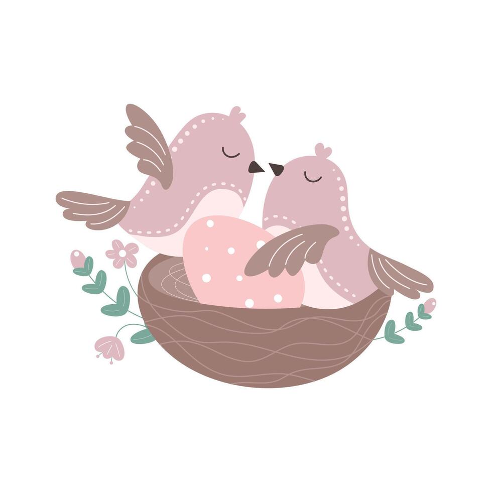 Two birds sit in a nest, waiting for their chick to hatch vector