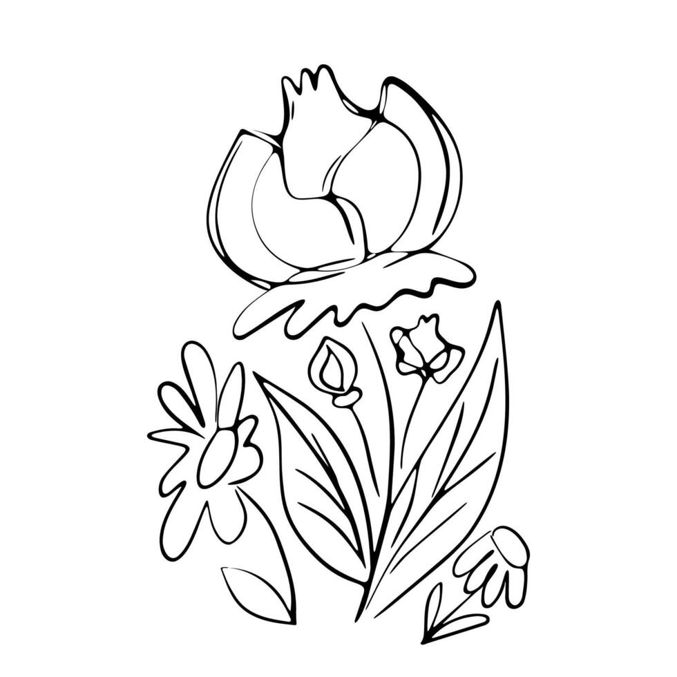 Hand-Drawn Floral Line Art Black and White Botanical Sketch with Blooming Flowers and Leaves for Coloring, Tattoo Design, and Decorative Art vector