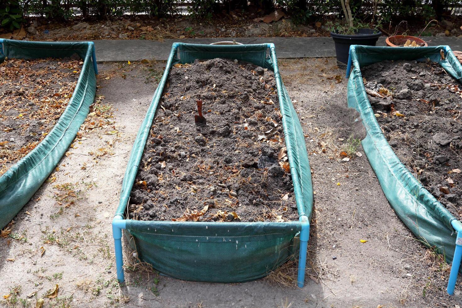 Vegetable plot and small spade in green frame on ground in Thailand. photo