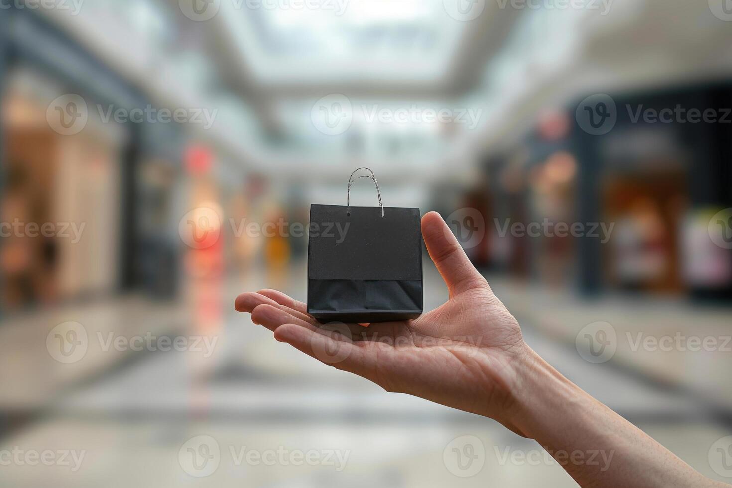 hand holding a small black shopping bag against the blurred backdrop of a modern shopping mall photo