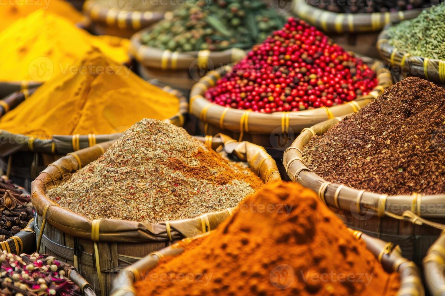 spice market with colorful piles of spices and herbs in woven baskets photo