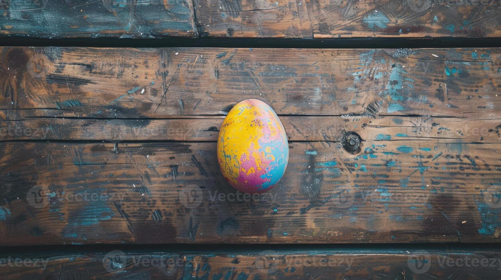 A single colorful Easter egg on a rustic wooden surface photo