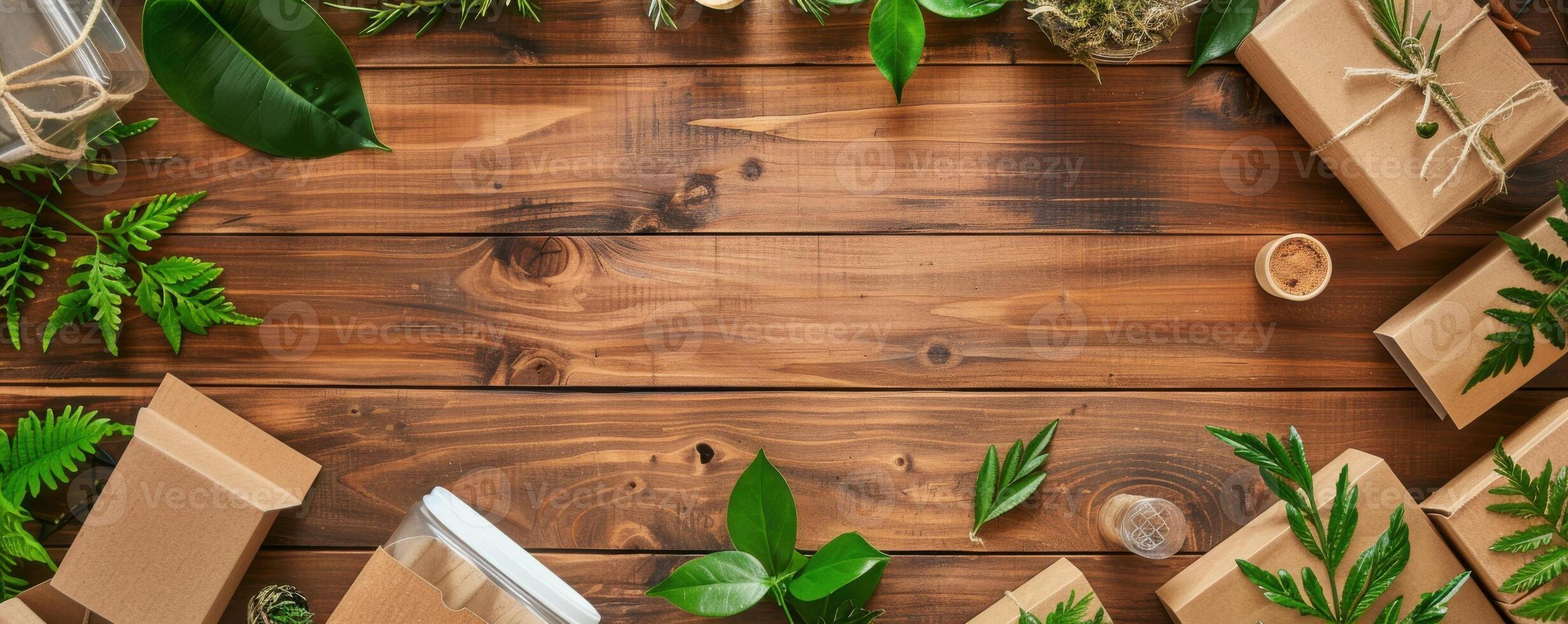 Eco-friendly packaging with brown paper boxes and green leaves on a wooden background photo