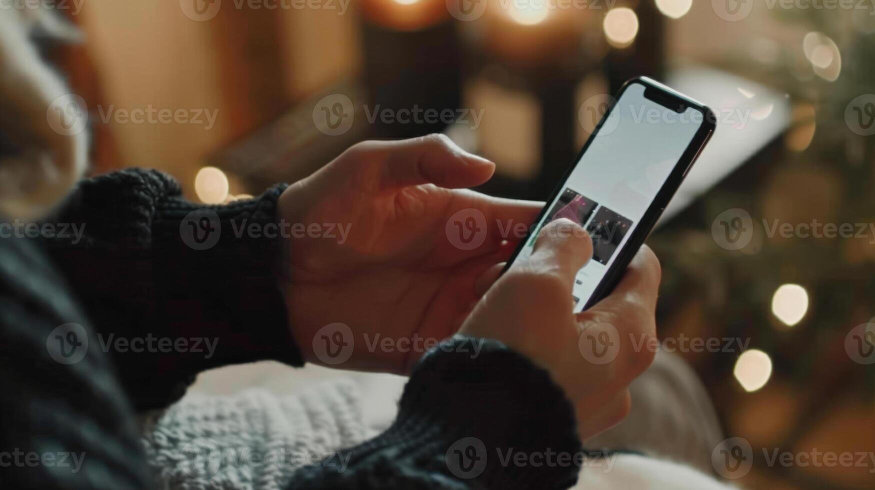 A person in a cozy setting browsing products on a smartphone photo