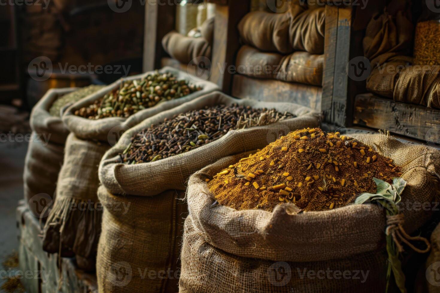 Bags of spices and herbs displayed in a traditional Moroccan marketplace photo