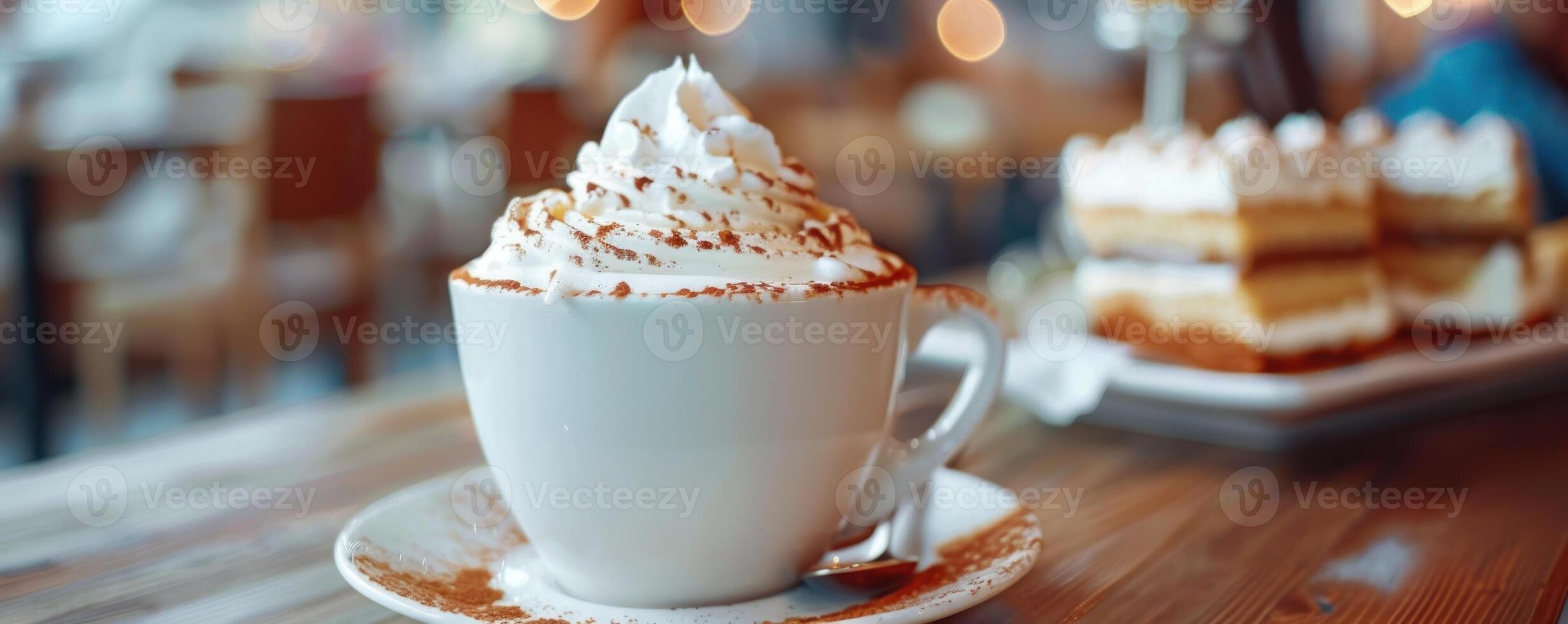 Cappuccino with cream and cinnamon served with a slice of cake photo