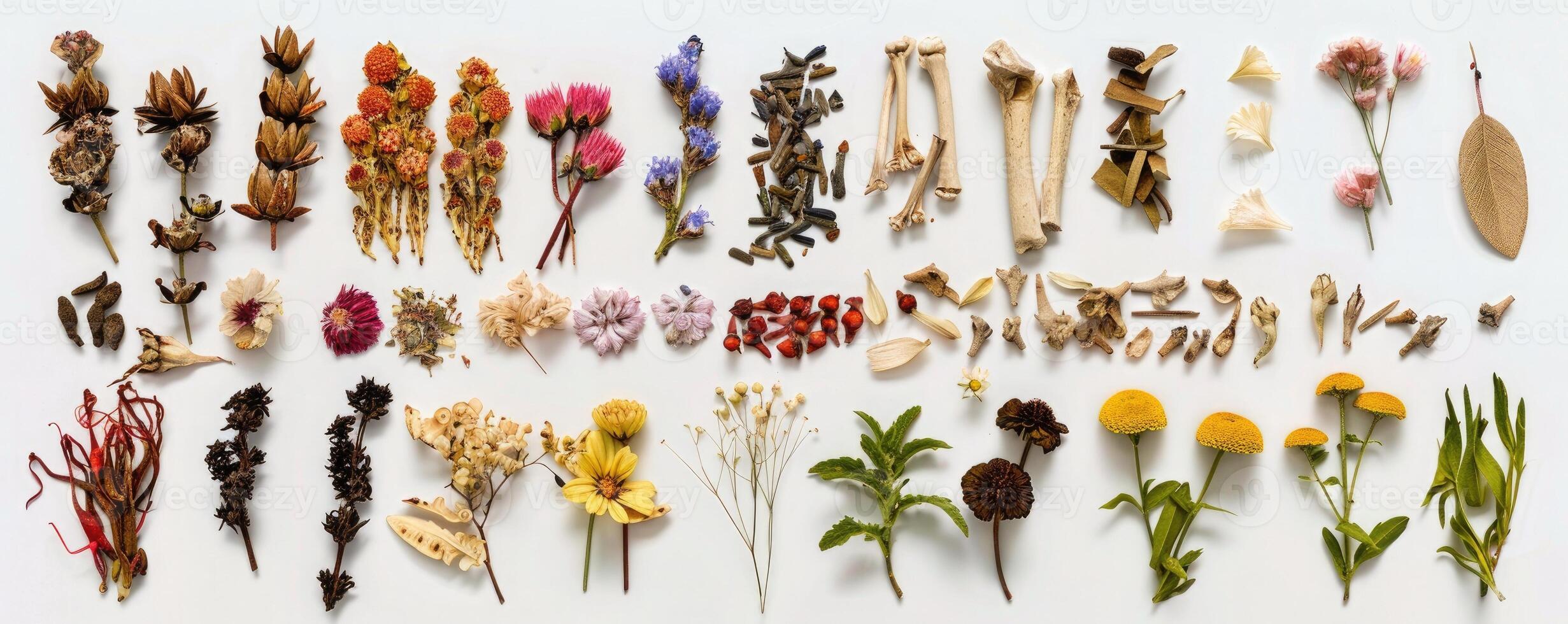 Colorful dried flowers, herbs, and roots arranged neatly on a white background in rows. photo