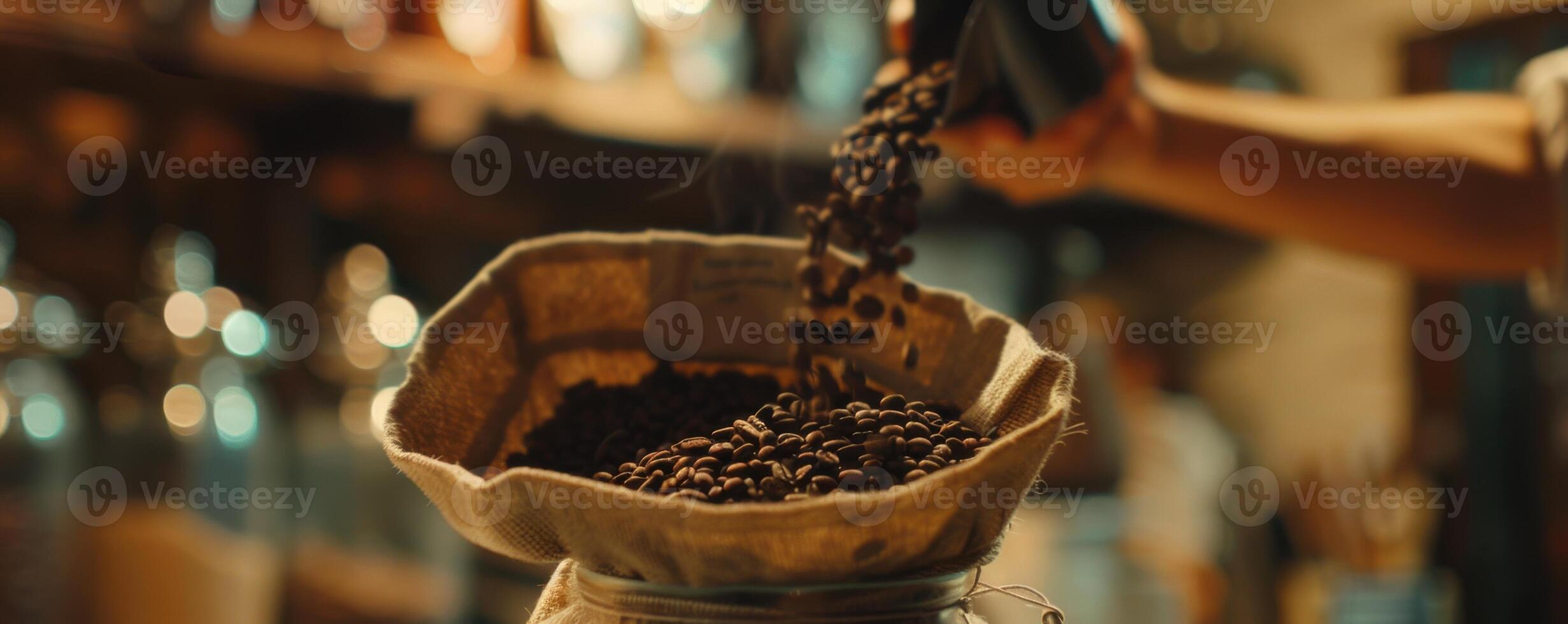 Coffee beans poured into a sack in a cozy shop photo