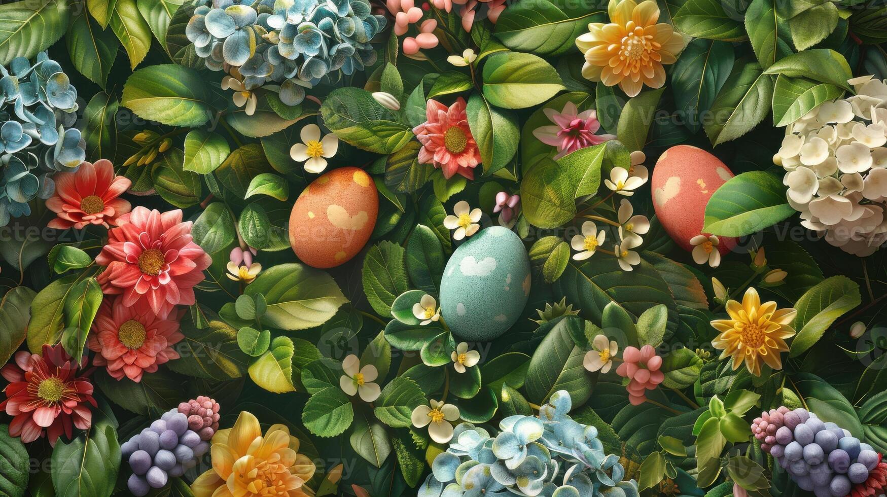 Easter eggs hidden among vibrant spring flowers and lush green foliage in a lively arrangement photo