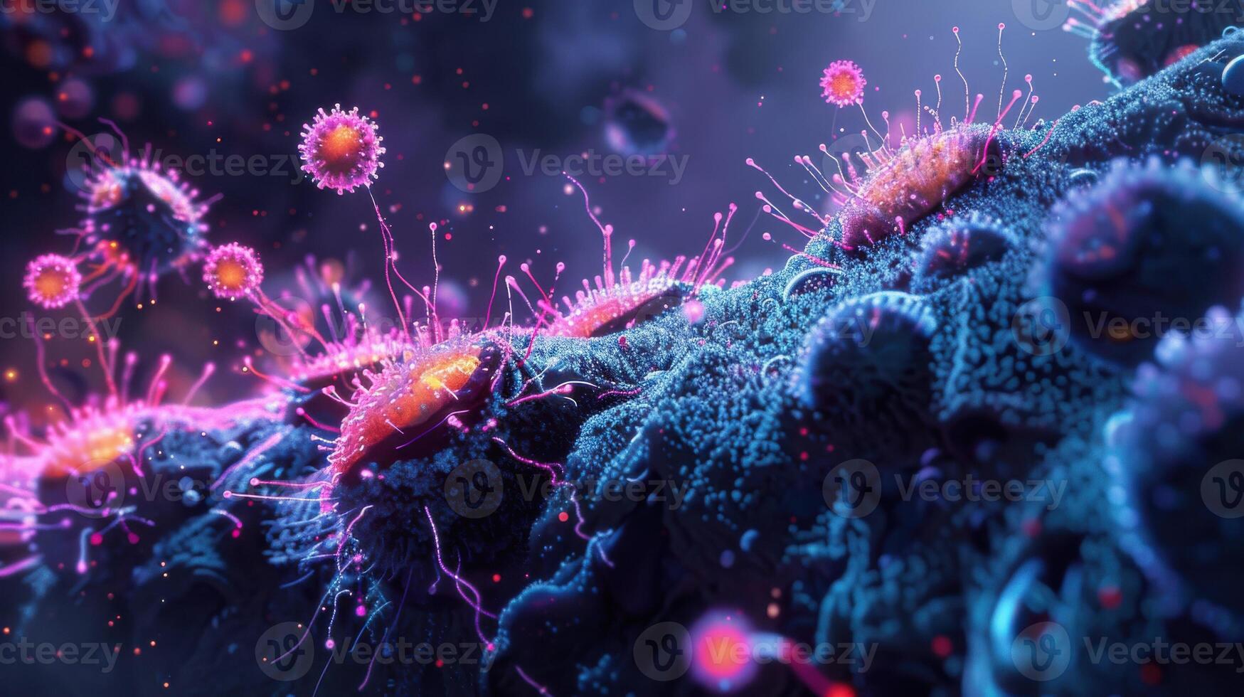 Microscopic glowing cells with vibrant pink tendrils in a futuristic biological setting photo