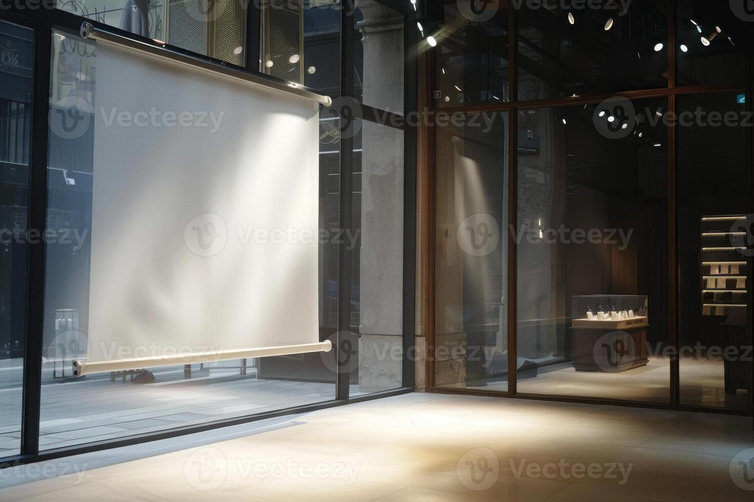Empty glass window display with a spotlight and a blank white backdrop in a modern store photo