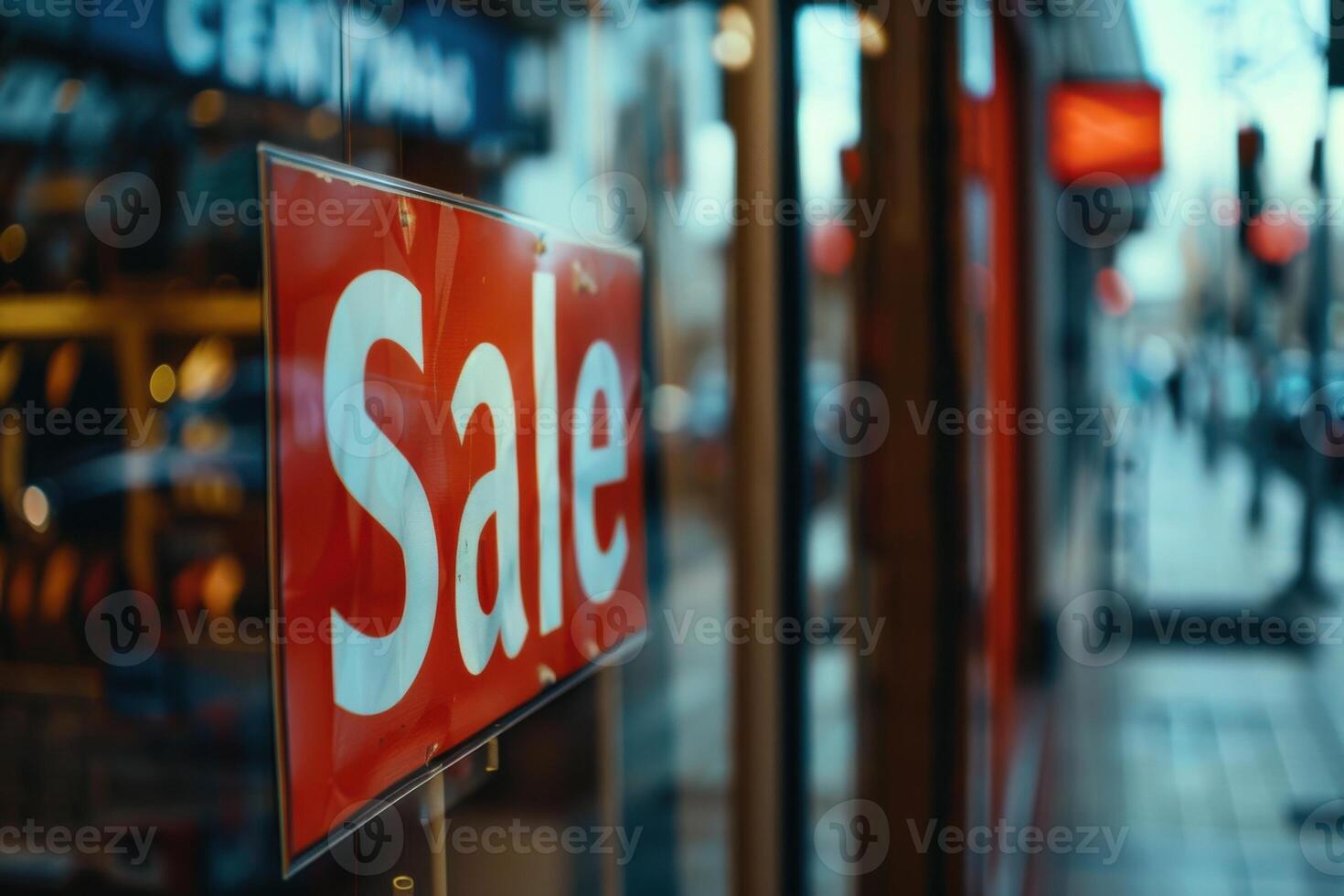 red Sale sign on a glass window, reflecting city lights in the background photo