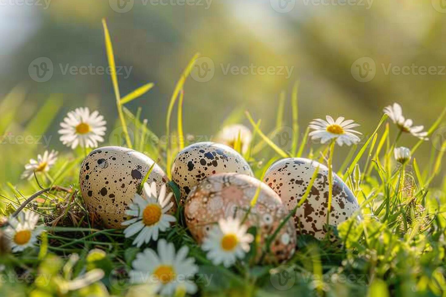 Easter eggs resting in green grass surrounded by daisies under sunlight photo