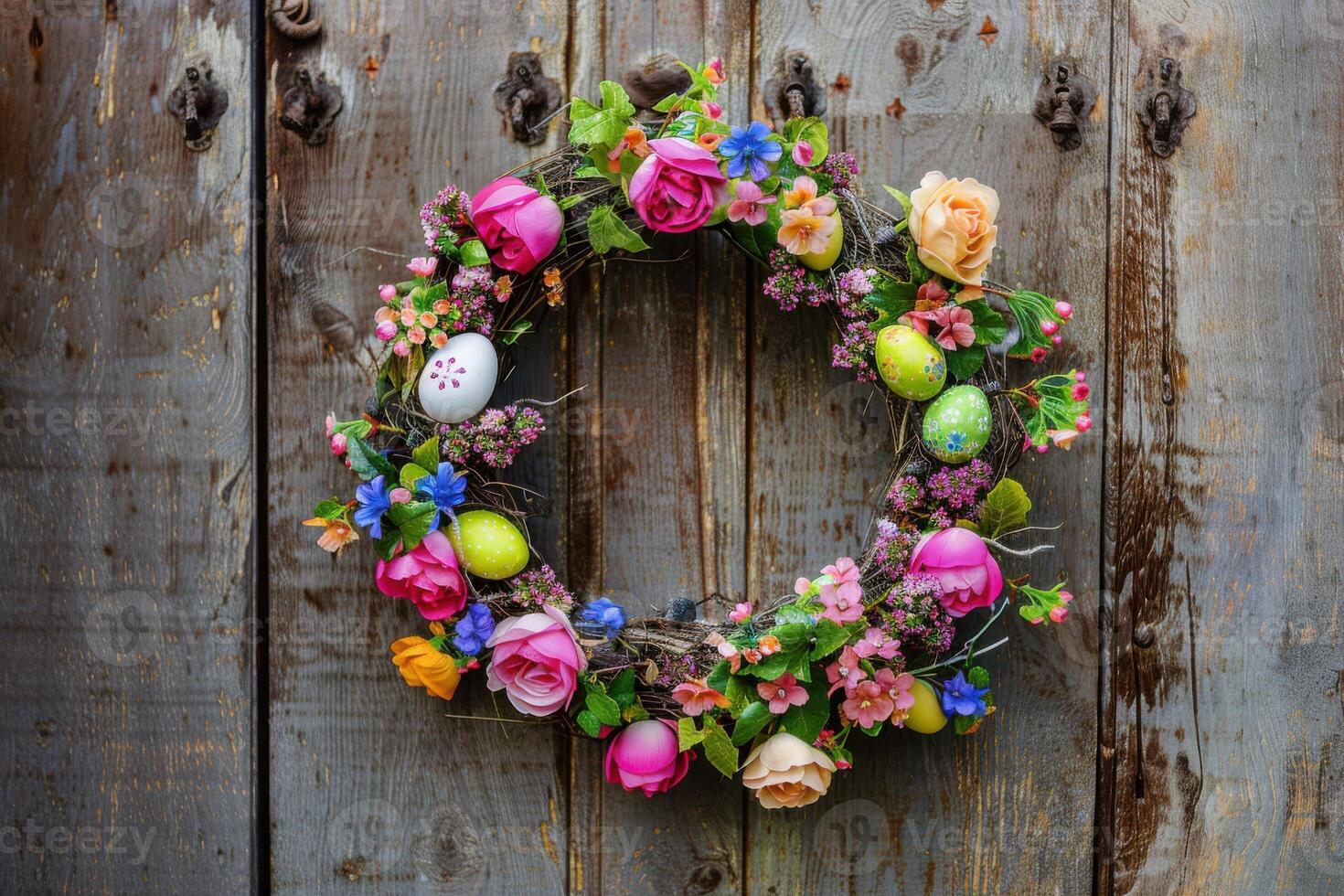 Easter themed wreath with flowers and eggs hanging on a rustic wooden door photo
