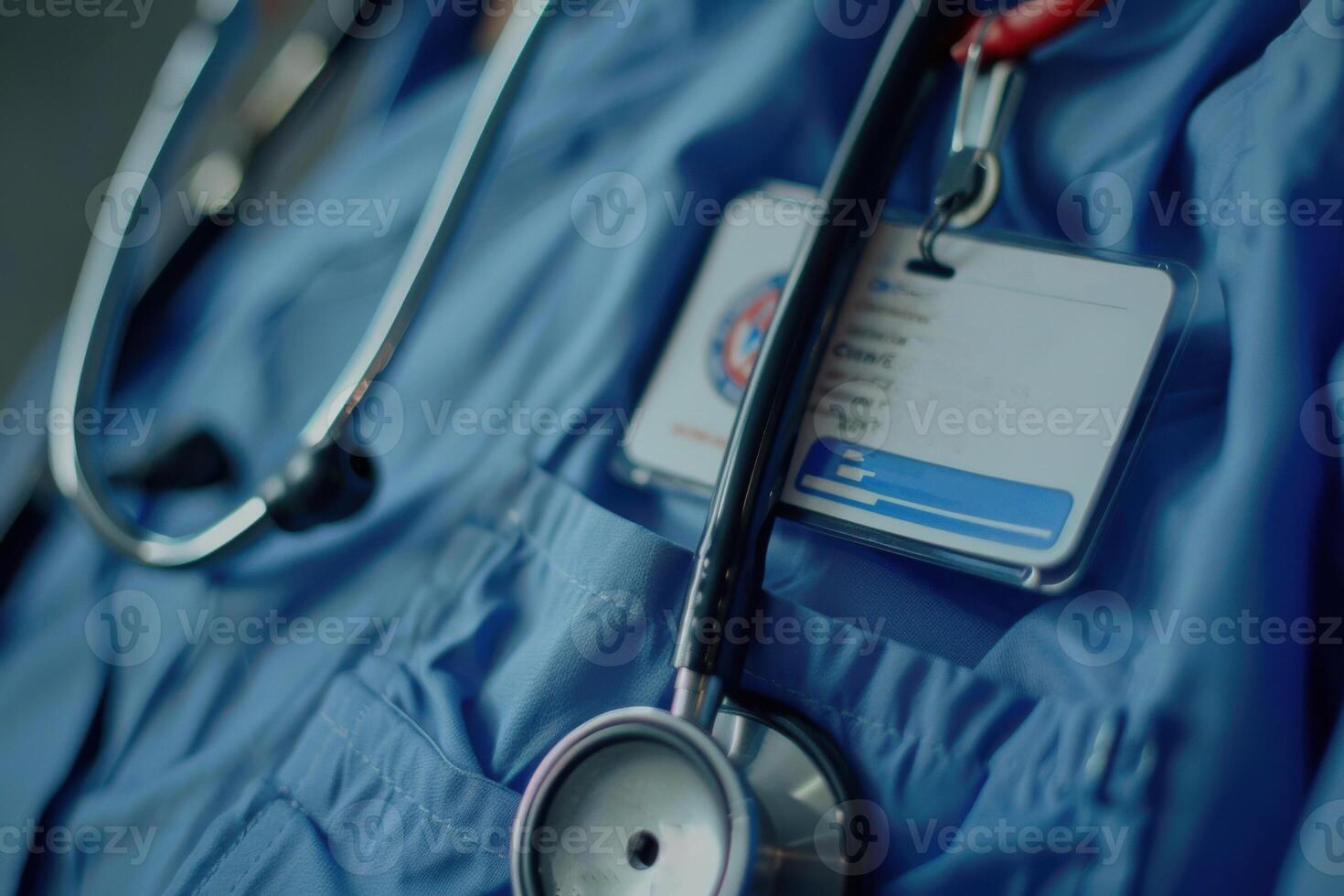 stethoscope resting on a blue scrub uniform with an identification badge clipped to the pocket photo