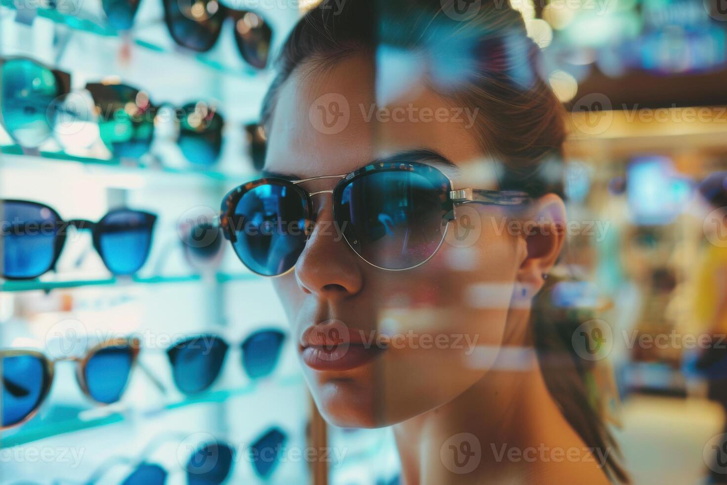 A woman tries on sunglasses in front of a store mirror photo