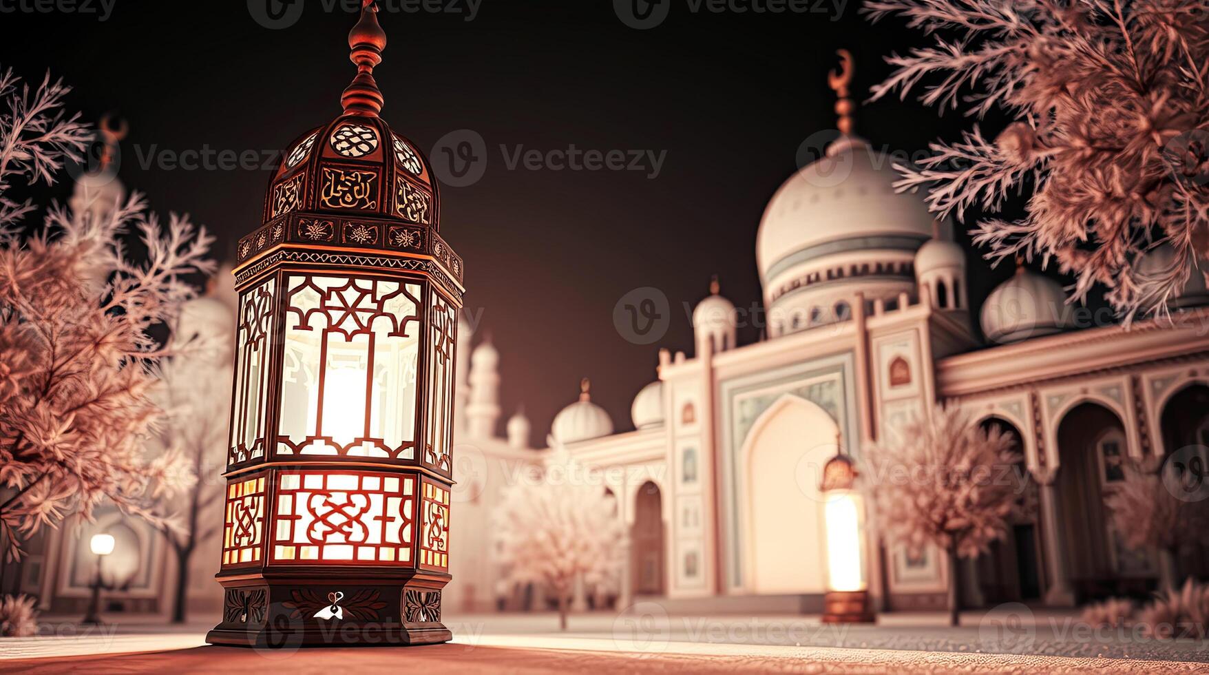 Stunning Ramadan Kareem Background with Glowing Lanterns and Mosque photo
