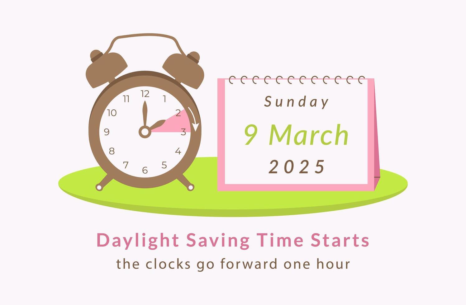 Daylight Saving Time 2025 starts. Minimalist banner template with alarm clock and calendar 9 march sunday date. Clocks go forward one hour. Summertime poster web. Flat style spring forward concept. vector