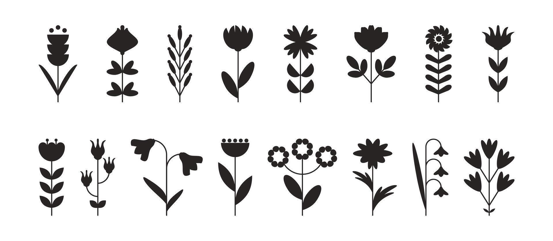Black Silhouettes of abstract flowers set with leaves from simple geometric shape. Spring and summer botanical icons in flat style. Minimalist floral sketch for poster cover banner print. Nature plant vector