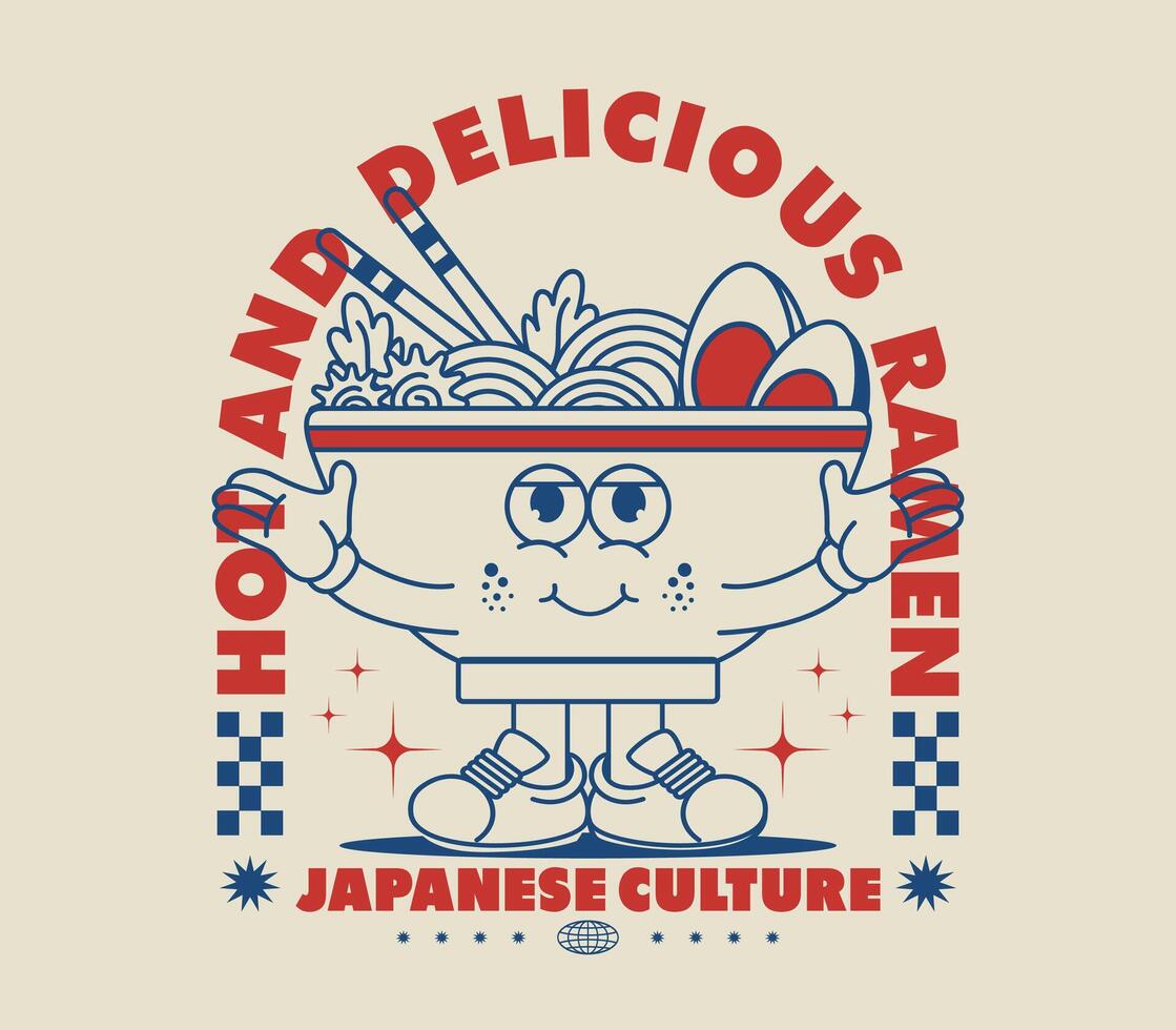Vintage Japanese ramen noodle mascot character design in a retro cartoon style. Perfect for stickers, posters, and prints vector