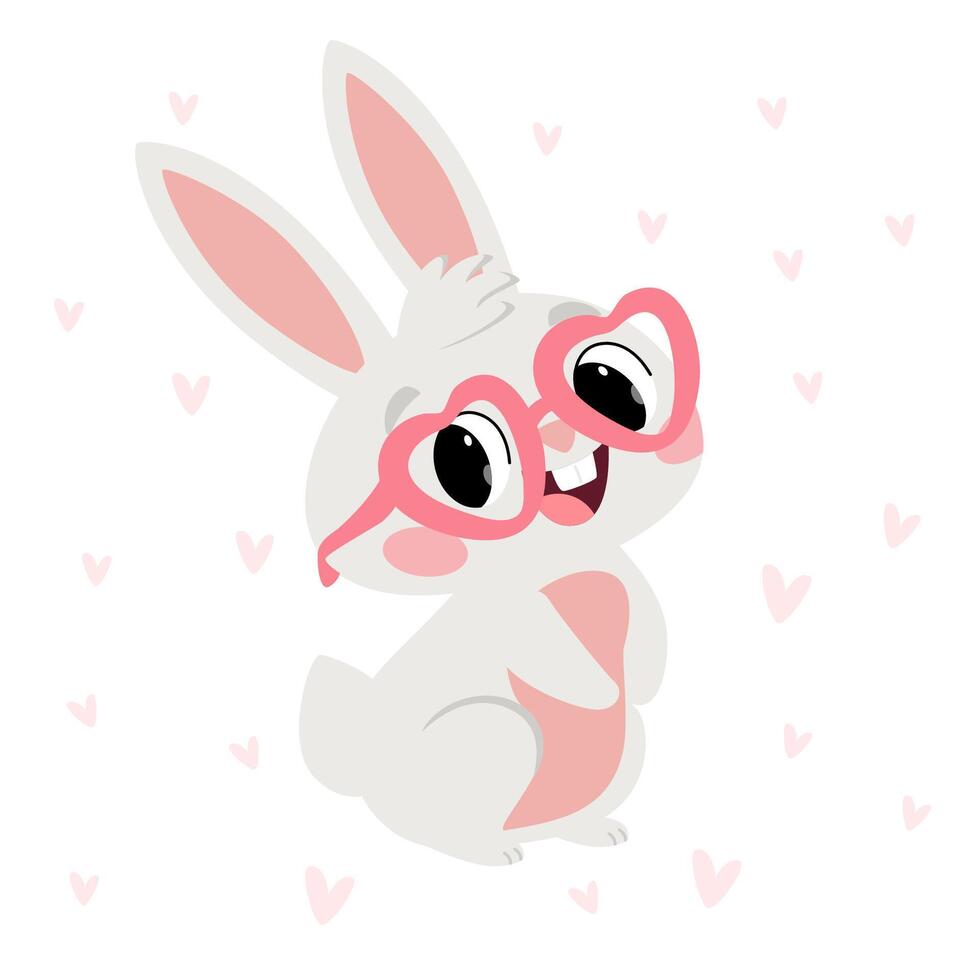 illustration of a cute white bunny wearing heart-shaped glasses, surrounded by small hearts. Perfect for Valentine's Day, love-themed designs, greeting cards, and children's illustrations. vector