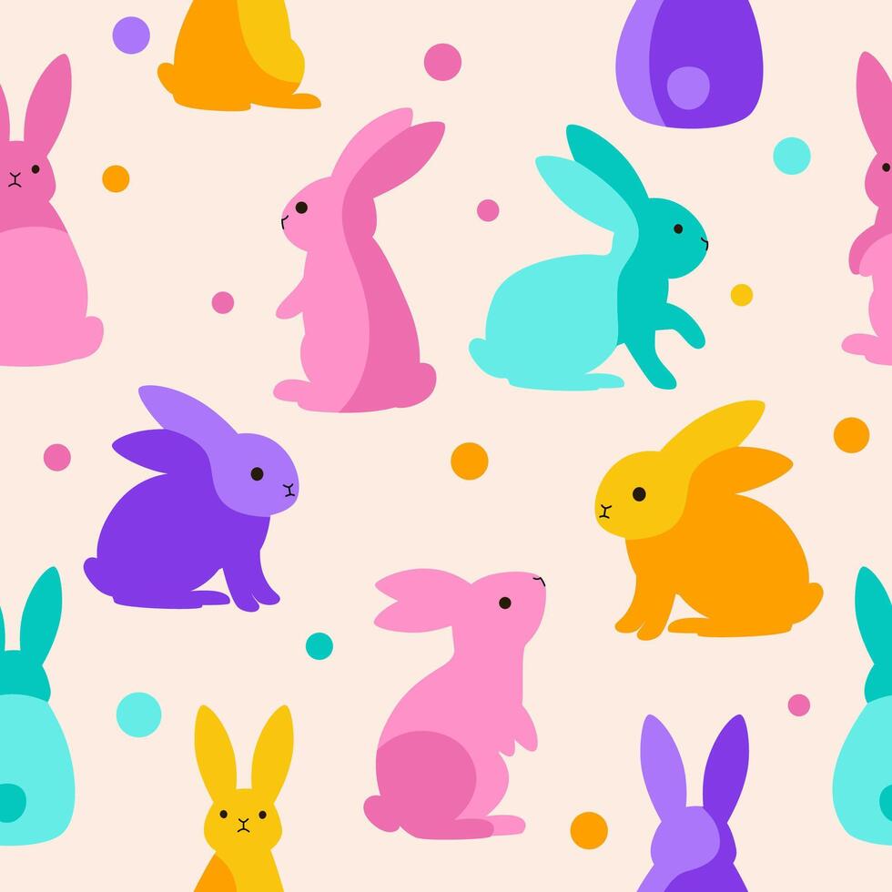 Seamless illustration of colorful Easter bunnies in a flat cartoon style on a light background. Perfect for holiday wrapping paper, textiles, greeting cards, and digital designs. vector