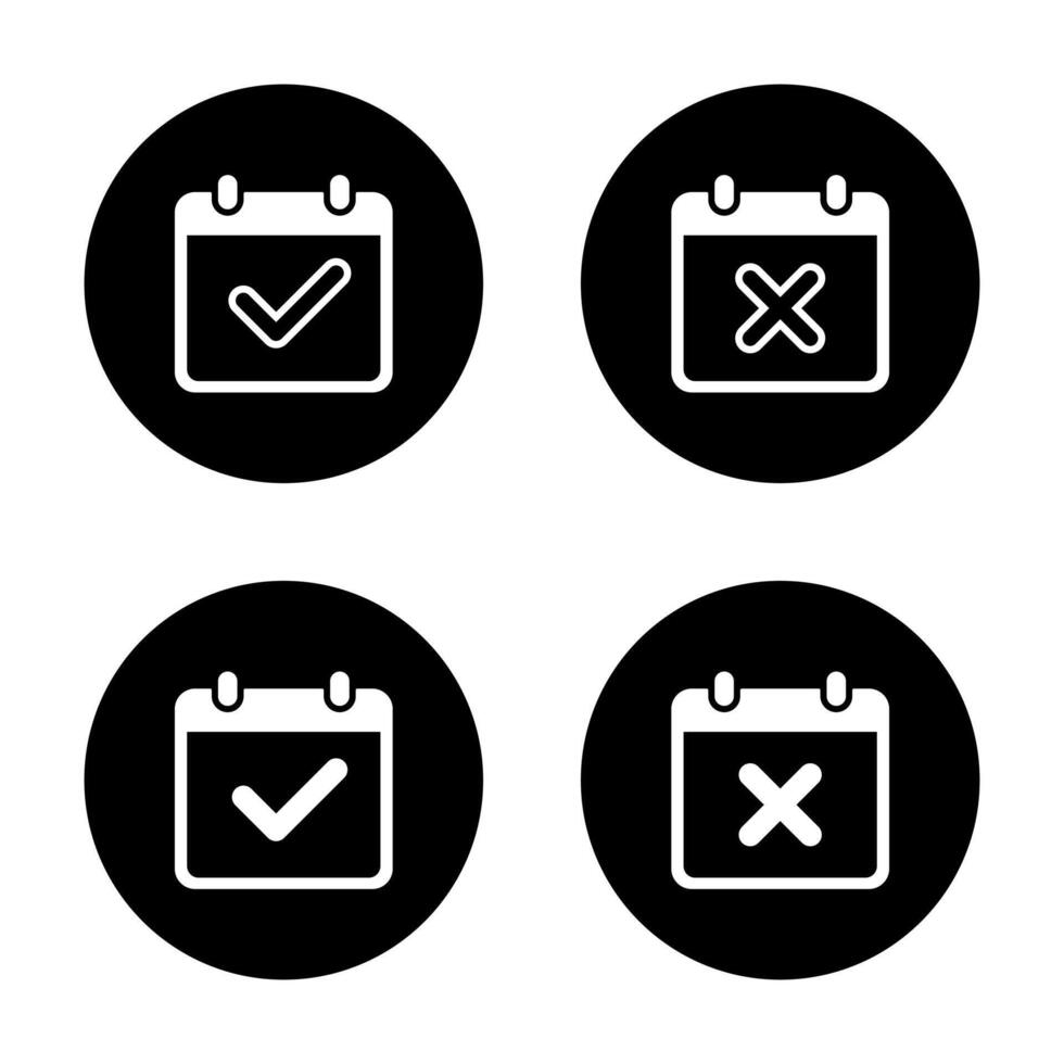 Calendar with check mark and x cross icon on black circle. Date organizer sign symbol vector