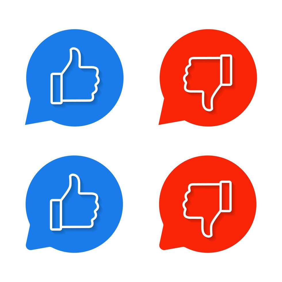 Like and dislike hand outline icon on speech bubble. Thumb up and down with shadow vector